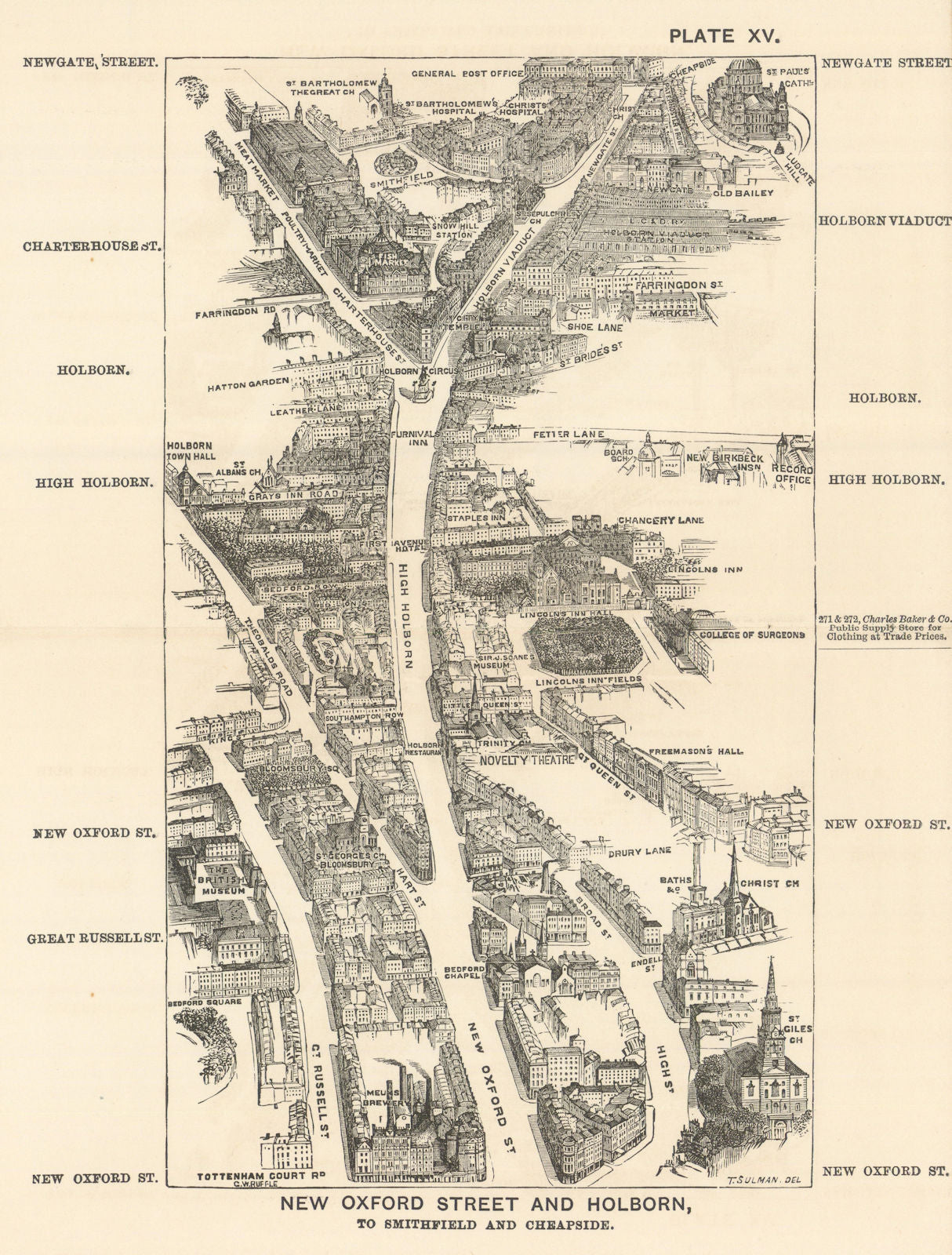 New Oxford Street & Holborn bird's eye view to Smithfield. SULMAN 1890 old map